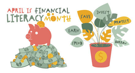 Financial literacy month. Horizontal banner. Editable vector illustration