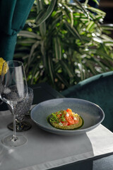 Salmon and avocado ceviche with cream cheese. Healthy diet food. Chilean traditional food