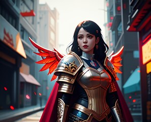 a woman with a winged suit of metal armour