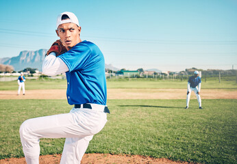 Obraz premium Sports, pitcher and fitness with man on field for throwing, workout or training for competition match. Cardio, exercise and strike with athlete playing in outdoor stadium for game, practice or action