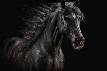 Fototapeta na wymiar Friesian black horse breed portrait on a black backdrop. Generative AI