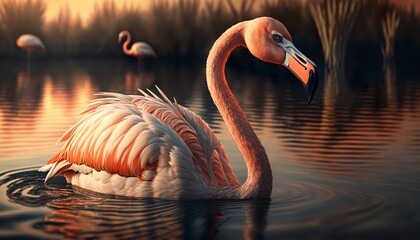A beautiful Flamingo swimming in a lake, generative AI
