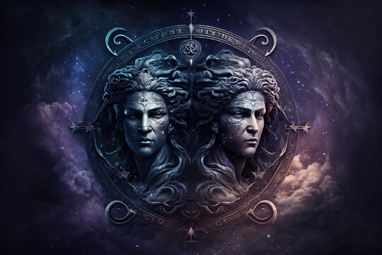 Front Gemini zodiac sign against nebula background. Generative AI