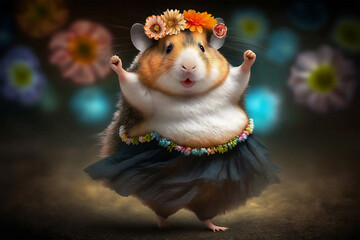 Beautiful Hawaiian hamster lady dancing hula dance. Generative AI