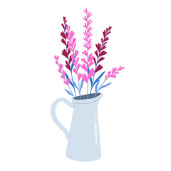 Bouquet of flowers in a jug isolated on a white background. Vector graphics.