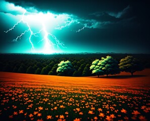 field with trees and a lightning strike in the background