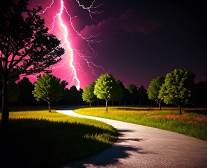 field with a lightning strike in the background