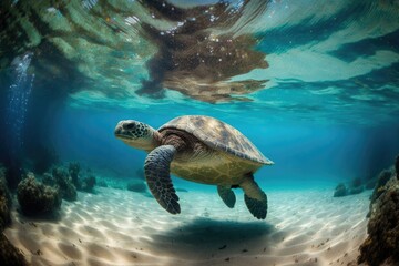 A marine turtle swims above the sandy seafloor. the exotic island's natural sea tropical. Water is blue, and so is the turtle's habitat of the olive ridley. Turtling along in a tropical lagoon is a gr