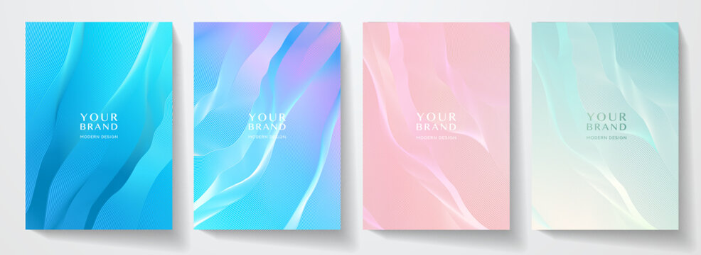 Contemporary technology cover design set. Luxury background with multi colored line pattern (guilloche curves). Premium pastel vector tech backdrop for business template, digital formal certificate