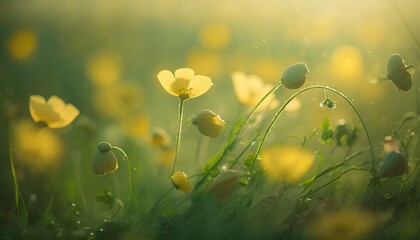  a bunch of yellow flowers in a field of green grass with the sun shining through the clouds in the background and a blurry background.  generative ai