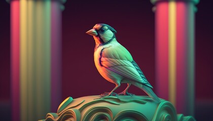  a colorful bird sitting on top of a piece of cake in front of columns and a pink sky behind it, with a green and blue bird sitting on top of a cake.  generative ai