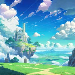 Sky castle. Digital art. Illustration style. Anime style. Generative AI.
