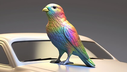  a colorful bird sitting on the hood of a white car with a gray background and a gray background behind it is a white car with a white hood and a gray background.  generative ai