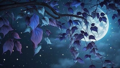  a full moon and some purple leaves on a tree in the night sky with stars and a full moon in the distance with a tree branch in the foreground.  generative ai