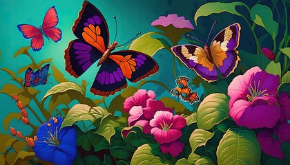 a painting of butterflies and flowers in a green room with a blue wall behind it and a blue sky in the background with a few clouds.  generative ai