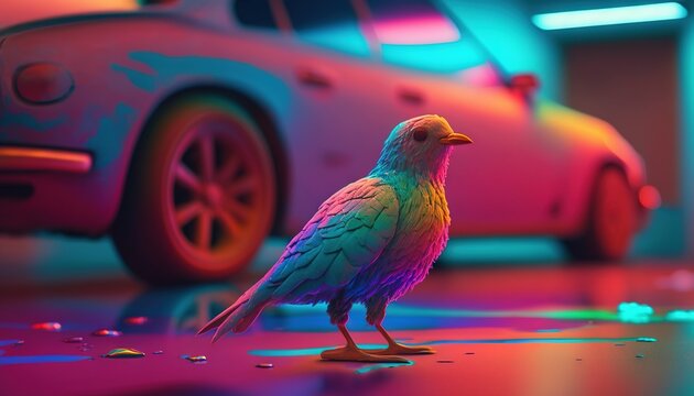  a colorful bird standing on a shiny surface next to a parked car in a parking lot with a neon colored background and a pink car in the background.  generative ai