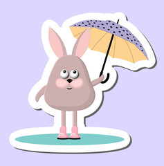 Rabbit with an umbrella. Cute bunny sticker. Vector illustration of a rabbit