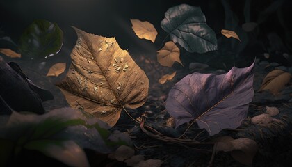  a group of leaves laying on the ground in the dark night time, with one fallen on it's side and the other fallen on the ground.  generative ai