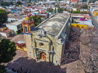 drone panoramic view of oaxaca city and a church in spring 2023 travel mexico