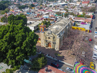 drone panoramic view of oaxaca city and a church in spring 2023