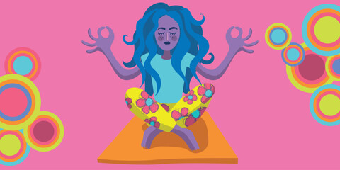 Illustration of a zen woman in lotus yoga position- colorful design - feminity and nature