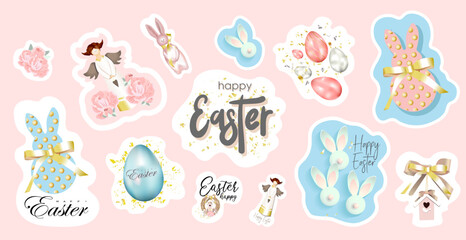 set of Easter stickers. easter sticker pack. Rabbits and bunnies, painted eggs and jesus crown of thorns. Religion stickers. christianity.