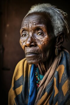 Portrait Of An Old African Woman Sitting Next To The Wall. Generate By Ai