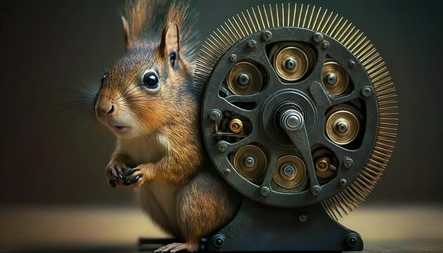 The story of the squirrel and the wheel in everyday life, squirrel wheel. A real fairy-tale cute little squirrel. AI generated illustration.