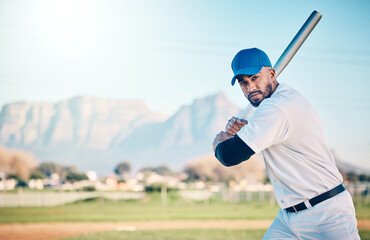 Baseball bat, athlete portrait and field of a professional player from Dominican Republic outdoor....
