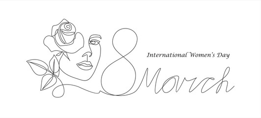 International Women's Day holiday illustration. Woman face with rose flower in one continuous line drawing. Female portrait in linear style.Can used for logo, emblem, slide show and banner. 
