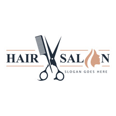 Scissors and comb icon salon logo design template. Hairstyle, beautiful haircut with scissors and woman face vector. - obrazy, fototapety, plakaty