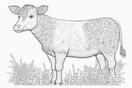 Cow coloring page for kids. Generative AI