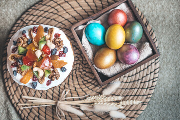 still life Easter cake and painted Easter eggs