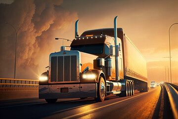 Cargo Trucks on the Highway at Sunset carrying merchendise. Beautiful Truck on the Road at sunrise. Ai generated