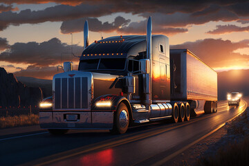 Cargo Trucks on the Highway at Sunset carrying merchendise. Beautiful Truck on the Road at sunrise. Ai generated - obrazy, fototapety, plakaty