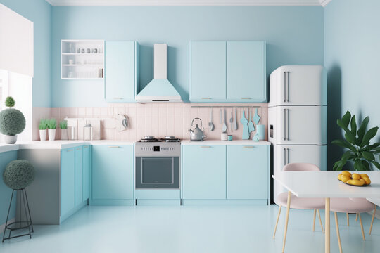 Modern Pastel Blue Kitchen And Minimalist Interior Design. Idea For Design. AI