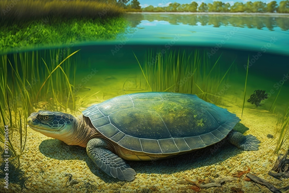 Aufkleber sunbathing on the grassy edge of a florida lake is a spiny soft shell turtle. generative ai