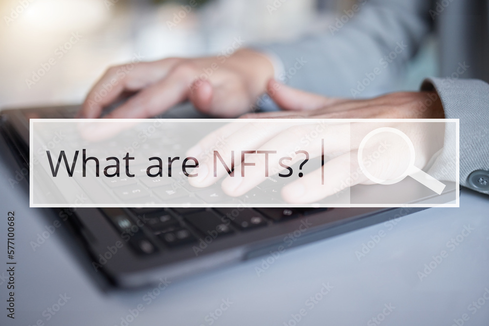 Aufkleber hands, laptop and cryptocurrency nft search bar for trading or investing on stock market at office. 
