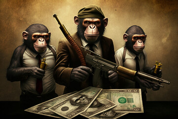 Monkeys dressed in business suits holding guns and rifles, with money strewn around them, highlighting the greed and corruption in human society. Ai generated