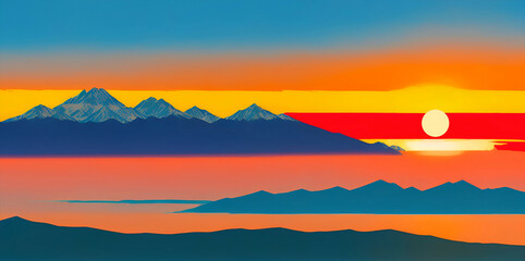 Plakat beautiful abstract mountain sunrise sunset landscape view new quality universal joyful stock image illustration wallpaper design, Generative AI