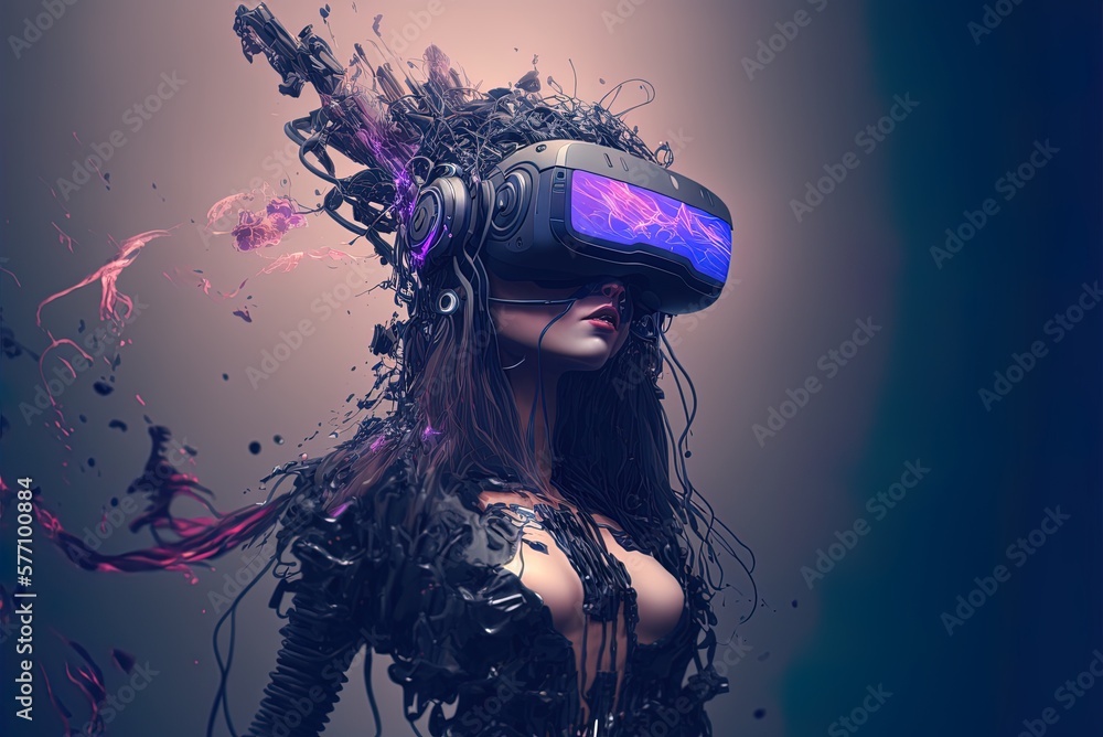 Poster dissolving robot girl wearing virtual reality goggles generative ai