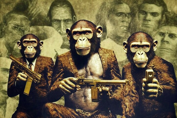 Fototapeta na wymiar Monkeys dressed in business suits holding guns and rifles, with money strewn around them, highlighting the greed and corruption in human society. Ai generated