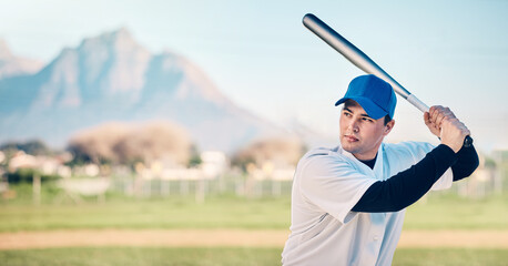 Baseball bat, athlete and field of a professional player waiting for pitch outdoor. Sport gear, fitness and sports person with a man doing exercise, training and workout for a game with mockup