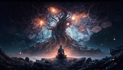 A universal ethereal wse tree and a woman silhouette in the cosmos meditating