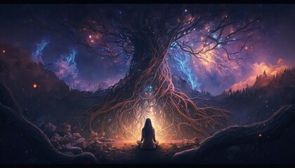A universal ethereal wse tree and a woman silhouette in the cosmos meditating - obrazy, fototapety, plakaty