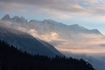 Winter sunset view of the Mont Blanc massif