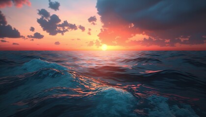  a painting of a sunset over the ocean with a wave coming towards the shore and the sun rising over the horizon of the ocean with clouds.  generative ai