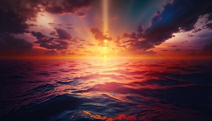  the sun is setting over the ocean as it reflects in the water's surface, and the clouds are glowing orange and blue in the background.  generative ai