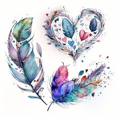  two hearts and two feathers painted with watercolors on a white background with a splash of paint on the left side of the heart.  generative ai