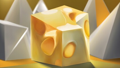  a painting of a cube of cheese surrounded by other white cubes and pyramids in the background, with a yellow light coming from the top of the cube.  generative ai
